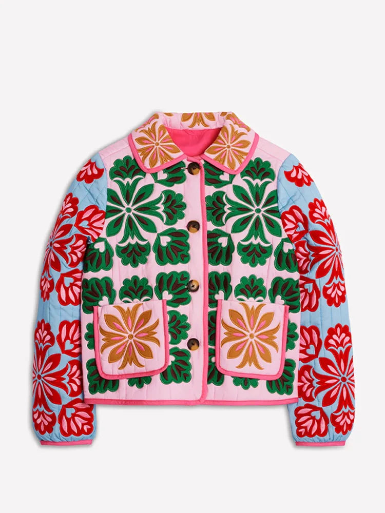 Damen Steppjacke mit Blumenmuster, Bunt
