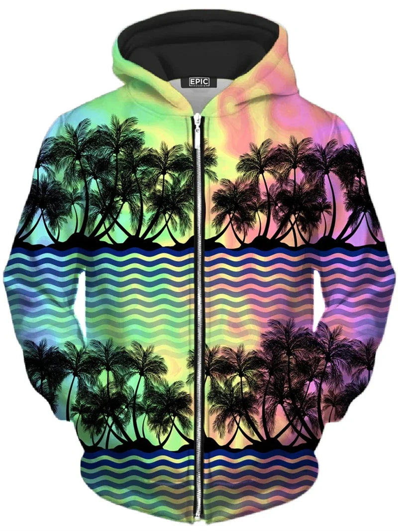 Unisex Reißverschluss Hoodie mit farbigem Baum-Motiv, bunter Print Kapuzenpullover