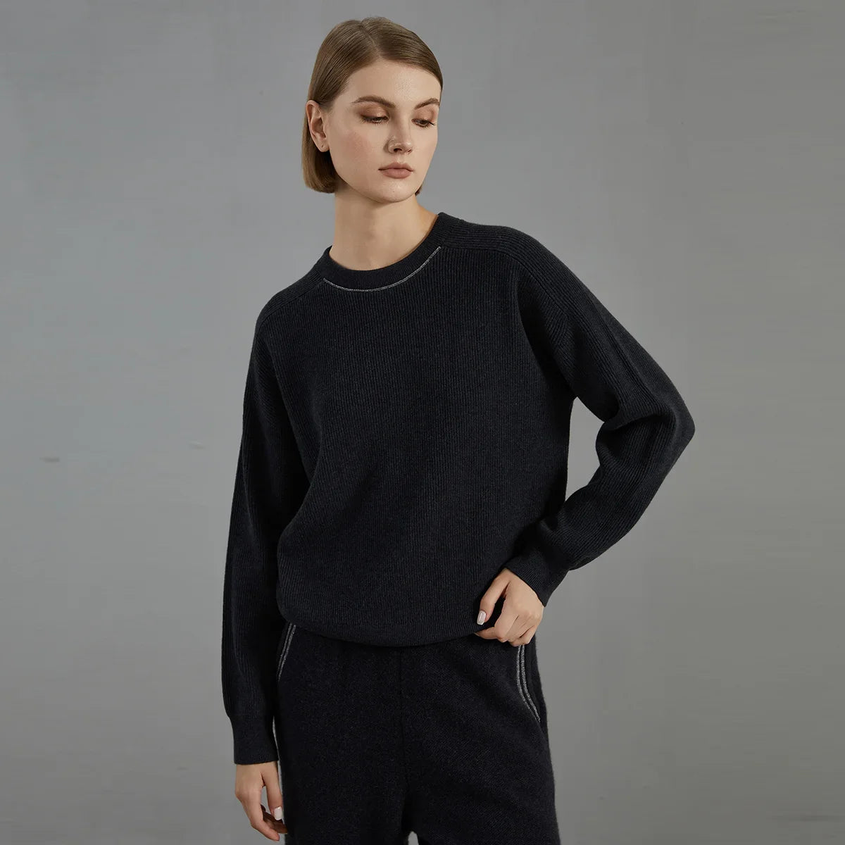 Damen Rundhals Pullover Gerippt mit Ziernaht