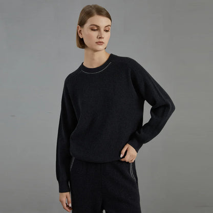 Damen Rundhals Pullover Gerippt mit Ziernaht