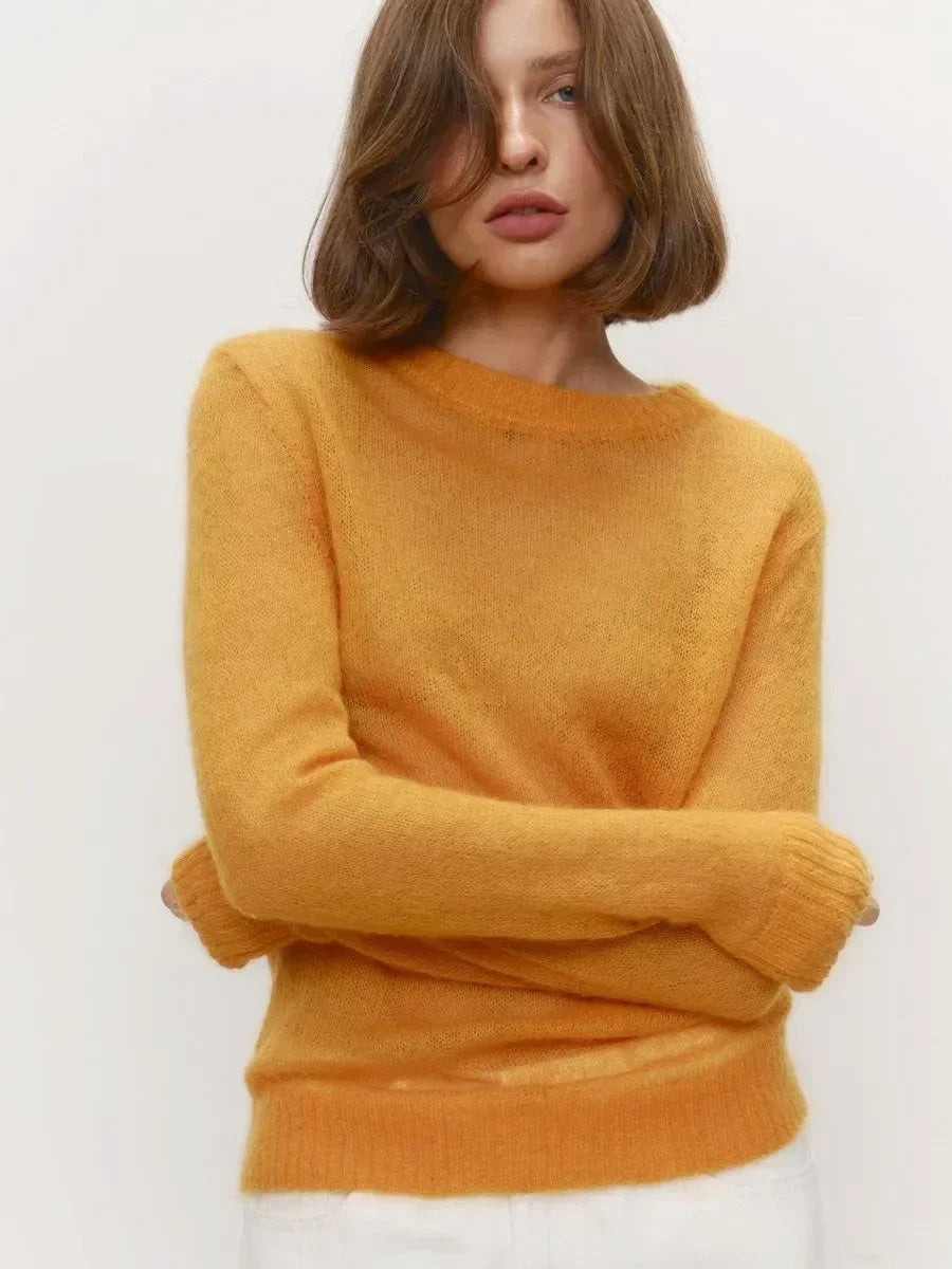 Damen Pullover leicht transparent Rundhals Strick Langarm