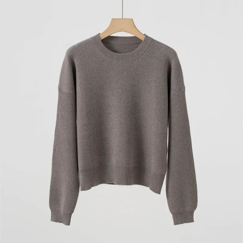Damen Rundhals Pullover Strickpullover Gerippt Langarm Basic Oberteil