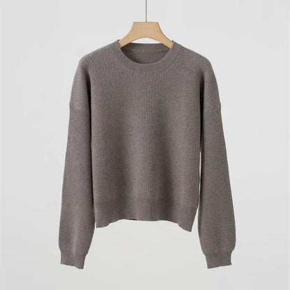 Damen Rundhals Pullover Strickpullover Gerippt Langarm Basic Oberteil