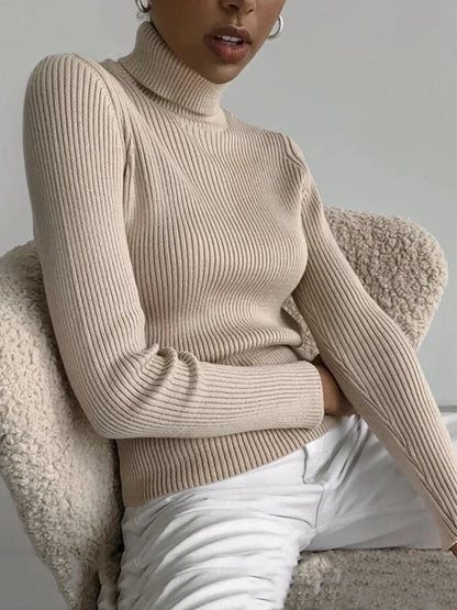 Gerippter Damen Rollkragenpullover Langarm Slim Fit