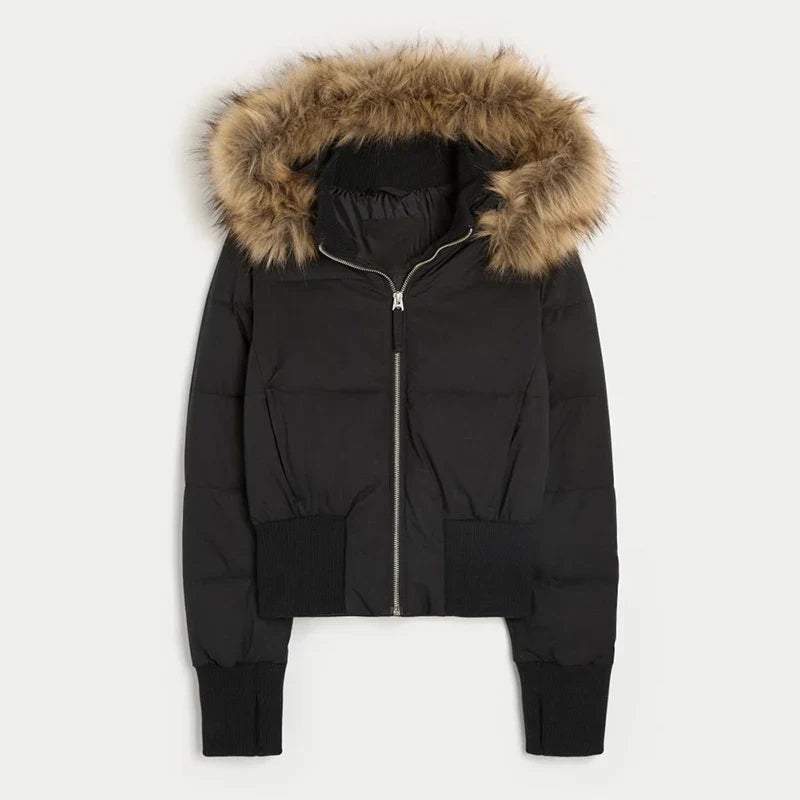 Damen Bomberjacke mit Kapuze und Fellimitatbesatz Kurz