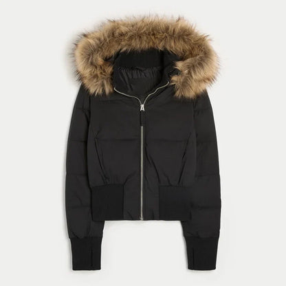 Damen Bomberjacke mit Kapuze und Fellimitatbesatz Kurz