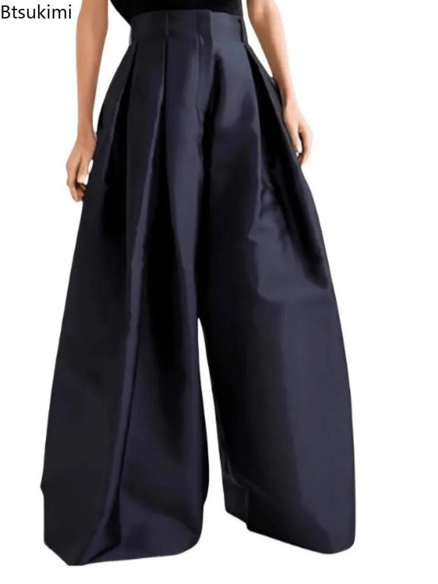 Damen Weite Hose High Waist Plissee Palazzo Hose mit Gürtel