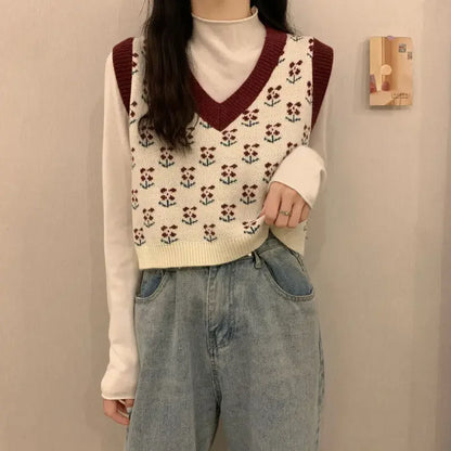 Damen Strickweste mit Blumenmuster V-Ausschnitt, ärmelloser Pullover