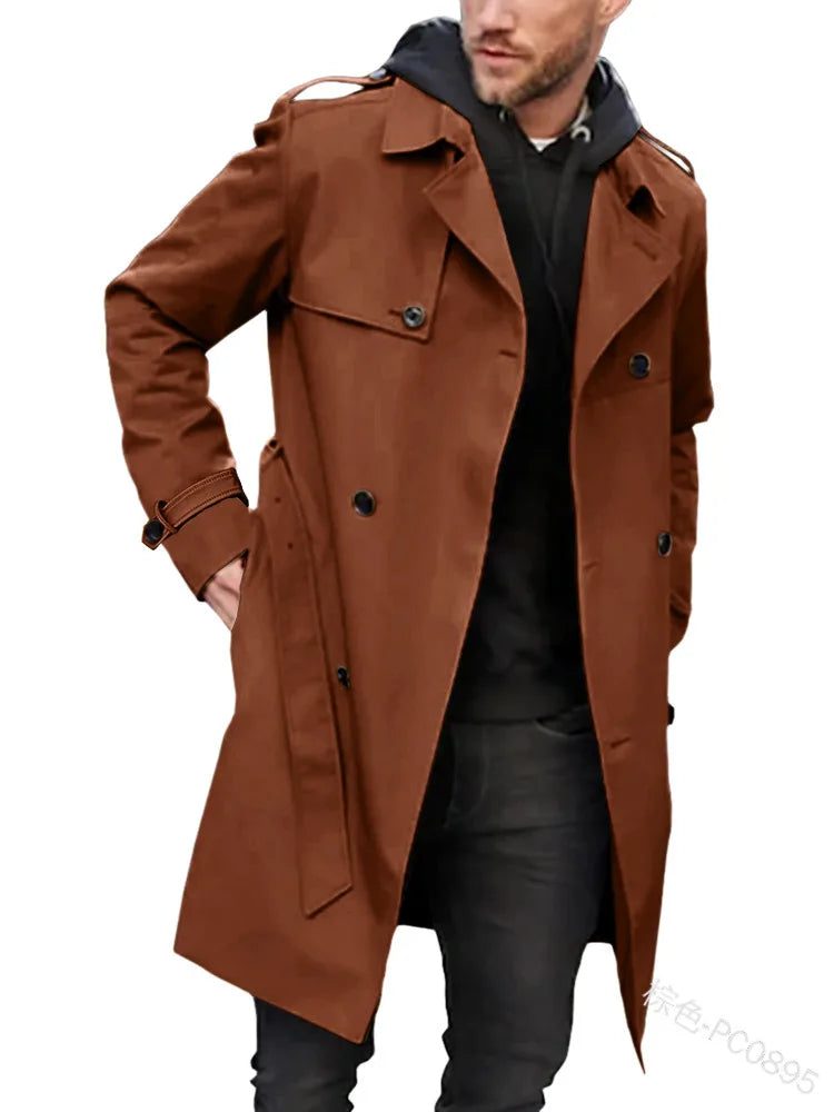 Herren Trenchcoat Doppelreihig Revers Langarm Gürtel Knöpfe
