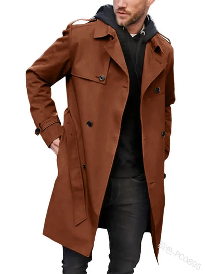 Herren Trenchcoat Doppelreihig Revers Langarm Gürtel Knöpfe