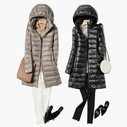 Damen Winter Steppmantel mit Kapuze – Leichter, langer Daunenmantel für Alltag & Outdoor