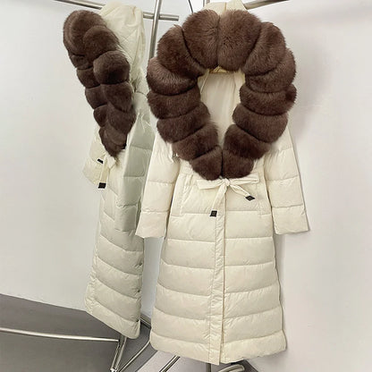 OFTBUY Grote Echte Vos Bontkraag X-Lange Puffer Jas Vrouwen Capuchon Winter Witte Eend Down Jas Dikke Vrouwelijke parka Met Riem