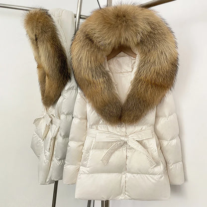 Damen Winter Steppjacke mit Kunstpelzkragen und Gürtel