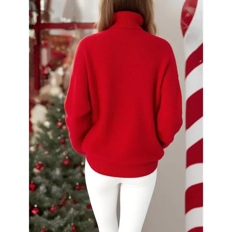 Roter Damen Strickpullover Weihnachtspullover mit Schriftzug und Rollkragen