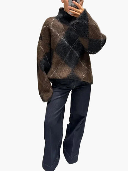Damen Oversize Pullover im Karo-Design – Modischer Winter Strickpullover für Alltag & Freizeit