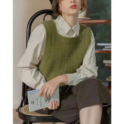 Damen Strickpullover Weste Grün Kurz Gerippt