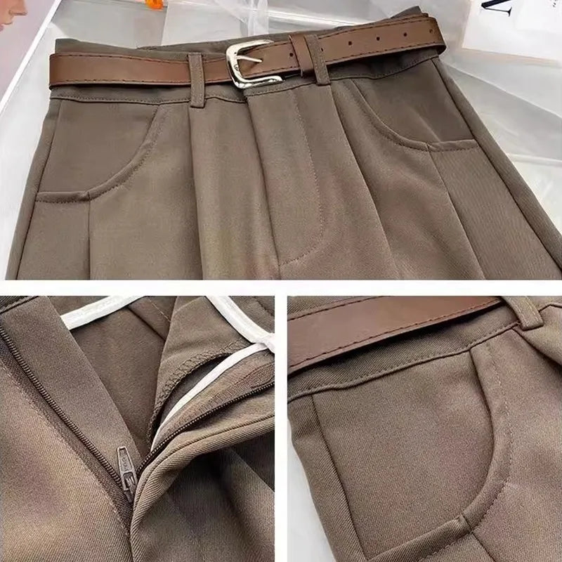 Damen Stoffhose Weites Bein mit Gürtel – Elegante Plissee Hose Hochbund