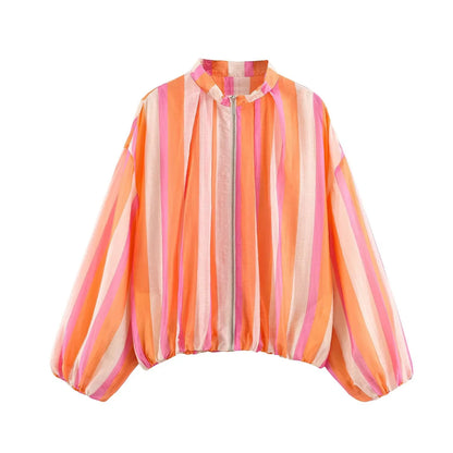 Damen Leichte Jacke mit Reißverschluss und Stehkragen, Puffärmeln