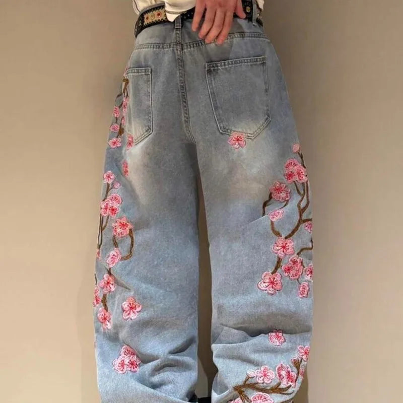 Loose Fit Jeans Damen Weite Bein Sakura-Stickerei Zerrissenes Design