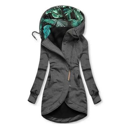 Damen Hoodie Jacke Lang Asymmetrischer Reißverschluss Kapuze mit Blattmuster