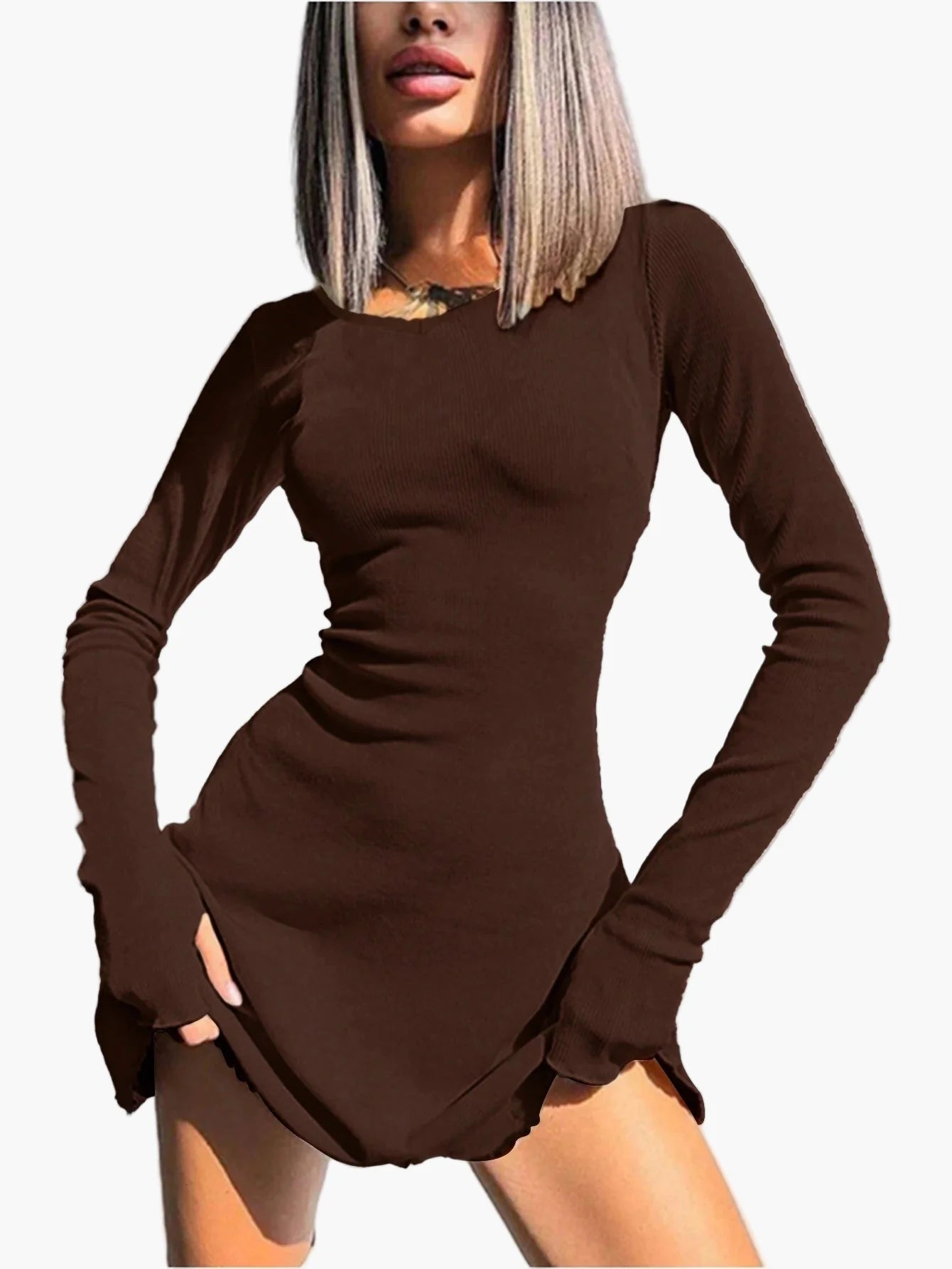 Damen Figurbetontes Stretch-Kleid mit Langarm – Elegantes Freizeit- und Ausgehkleid, Modernes Design