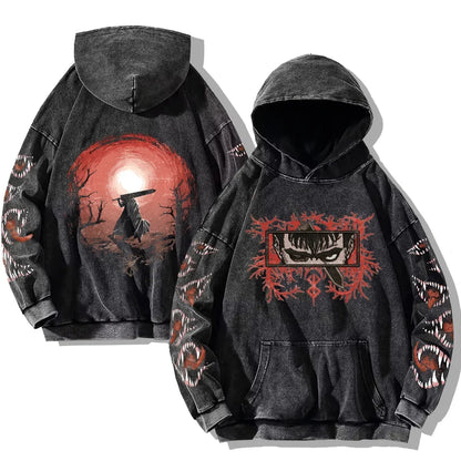 Oversized Kapuzenpullover Dunkelgrau mit Front- und Rückenprint und Ärmelprints