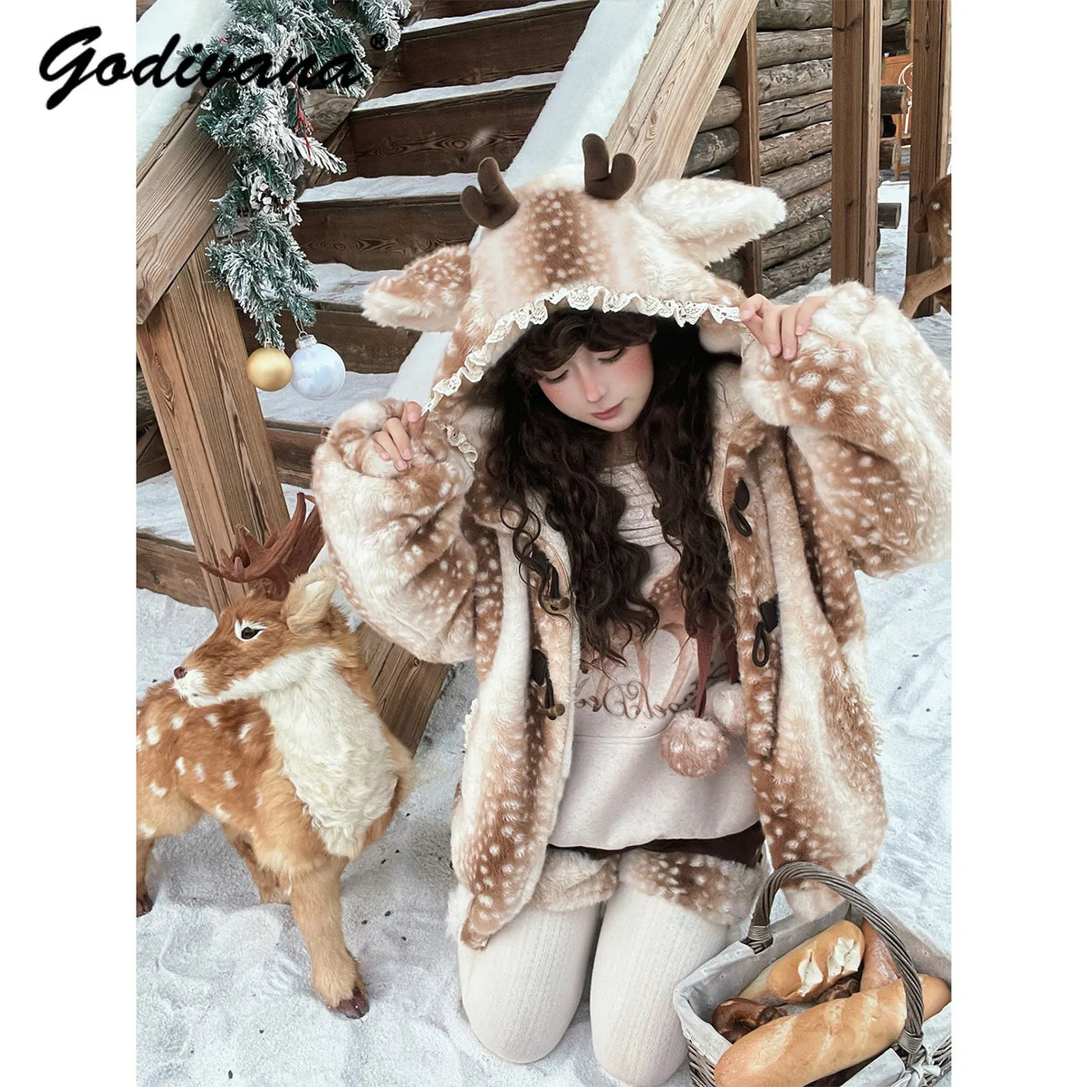 Hirsch Winterjacke Damen Teddyfell Gefleckt mit Kapuze
