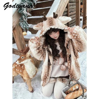 Hirsch Winterjacke Damen Teddyfell Gefleckt mit Kapuze