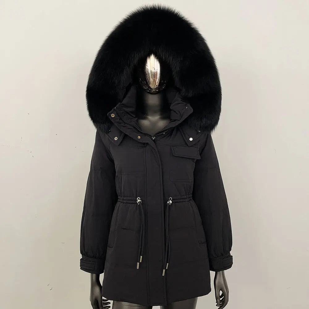 Damen Winter Parka mit Kapuze und Fellkragen Tunnelzug Weiß