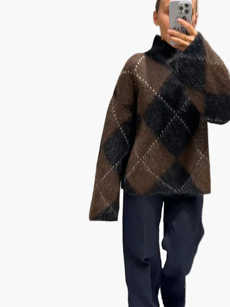 Damen Oversize Pullover im Karo-Design – Modischer Winter Strickpullover für Alltag & Freizeit