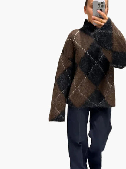 Damen Oversize Pullover im Karo-Design – Modischer Winter Strickpullover für Alltag & Freizeit
