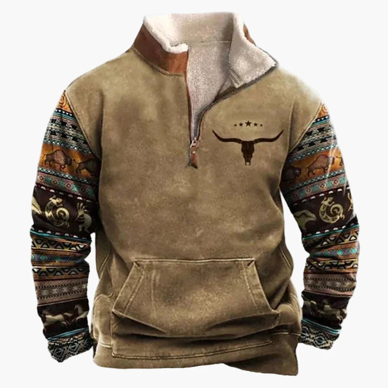 Herren Fleece Pullover mit Ethno Muster und Wildwest-Charme – Outdoor & Freizeit