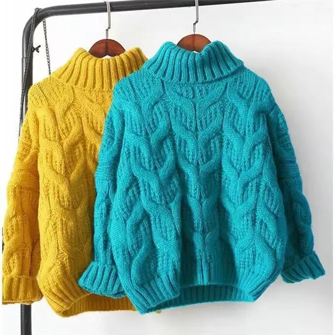Damen Rollkragenpullover Gelb Strick Zopfmuster Oversized