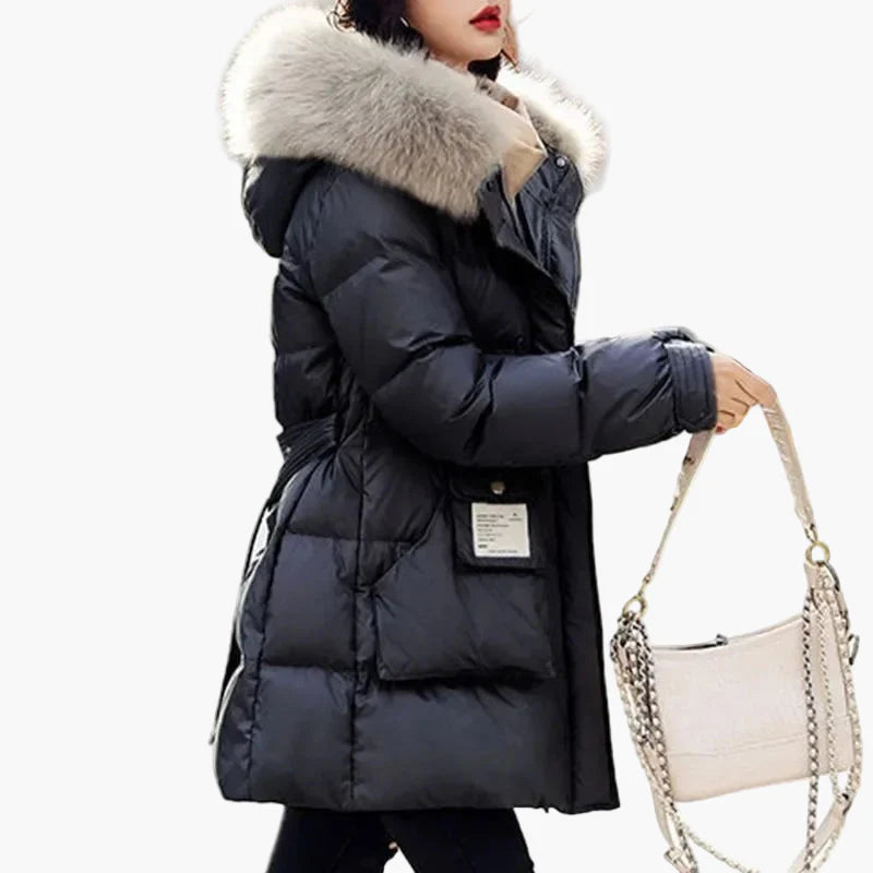Damen Winter Daunenmantel mit Kapuze und Kunstfellkragen – Eleganter Steppmantel für kalte Tage