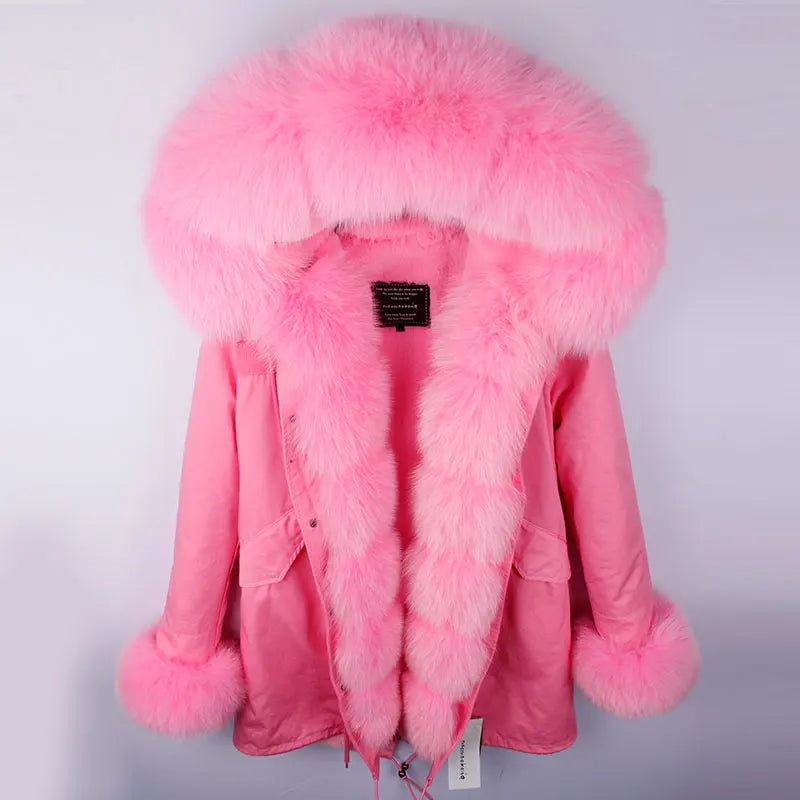 Damen Winterparka mit Kapuze & Pelzimitat-Futter in Rosa