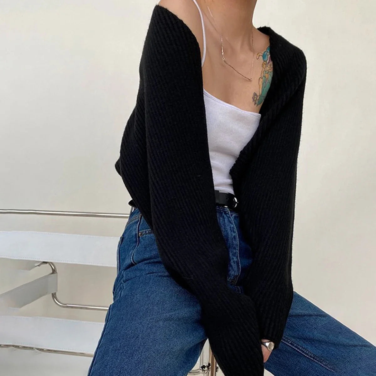 Damen Strick Shrug Rippstrick Bolero Langarm