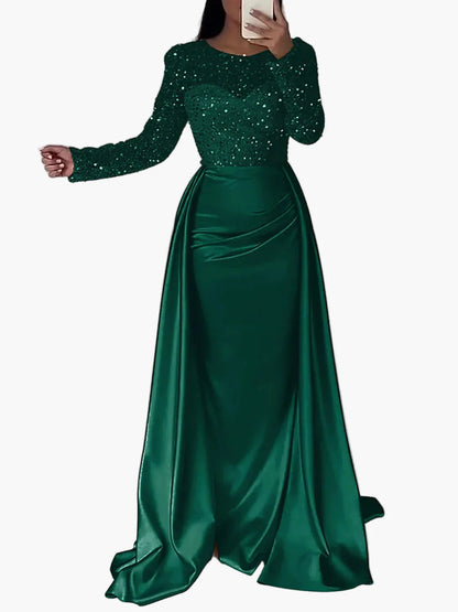 Damen Abendkleid Elegant Festlich Langarm Pailletten Satin Glanz Abendmode
