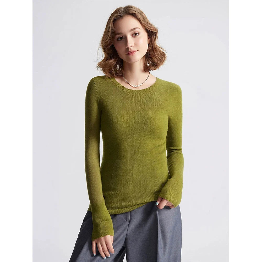 Damen Langarmshirt Rundhals Basic Slim Fit Pullover Gerippt