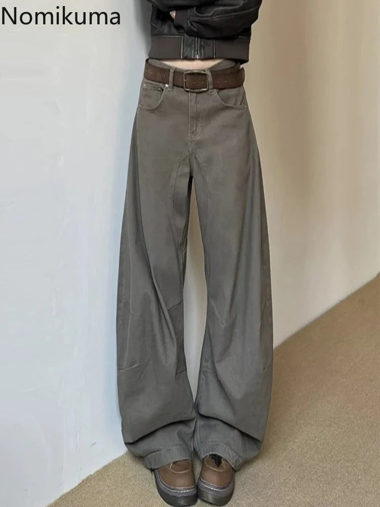 Weite Baggy Hose für Damen in Dunkelgrau/Braun mit geradem Bein