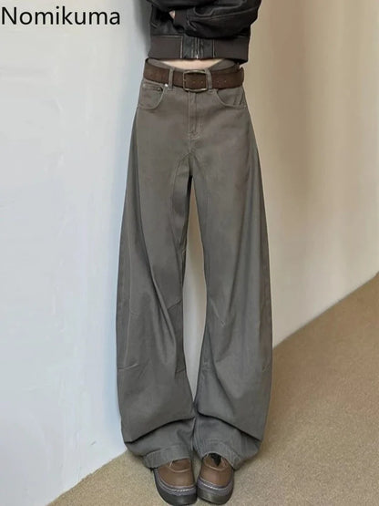 Weite Baggy Hose für Damen in Dunkelgrau/Braun mit geradem Bein