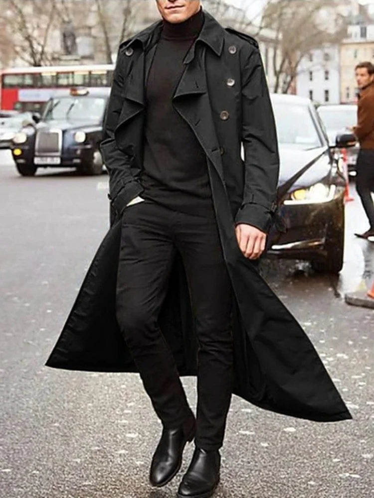 Herren Trenchcoat Lang Zweireiher mit Gürtel, Klassischer Herrenmantel für Frühling & Herbst