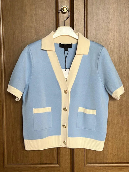 Kurzärmeliger Damen Cardigan mit Kragen & Taschen, Hellblau/Creme