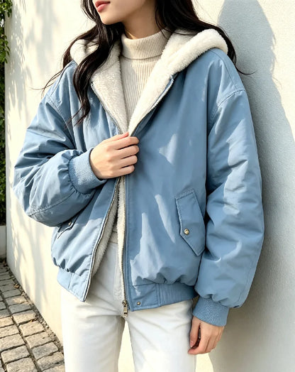 Damen Bomberjacke mit Kapuze Teddyfleece Futter Reißverschluss