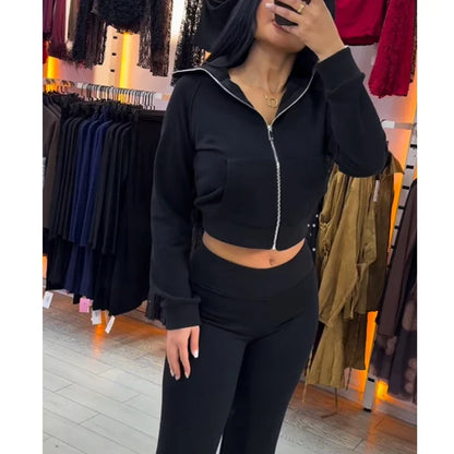 Damen Sweatjacke Reißverschluss Stehkragen & Flare-Hose Set Sportlicher Look