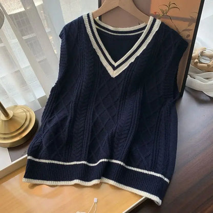 Strick Weste Damen V-Ausschnitt Zopfmuster College-Stil Ärmelloser Pullover