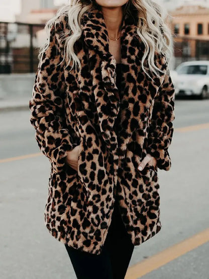 Damen Kurzmantel Leopard Print Plüschmantel