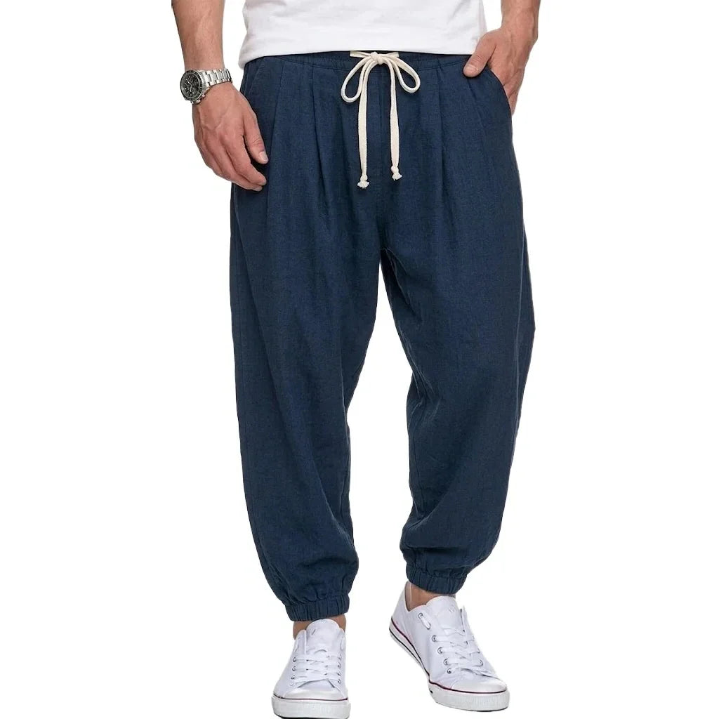 Freizeithose Herren Leinen-Optik Kordelzug lockere Passform Elastikbund