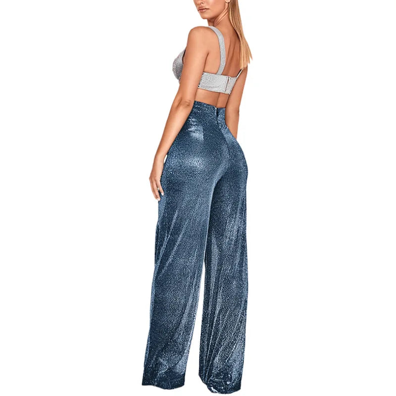 Damen Glitzer Zweiteiler Crop Top und Weite Hose Set Hochglanz Party Outfit