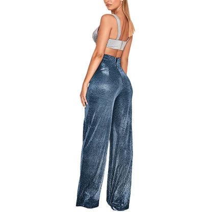Damen Glitzer Zweiteiler Crop Top und Weite Hose Set Hochglanz Party Outfit