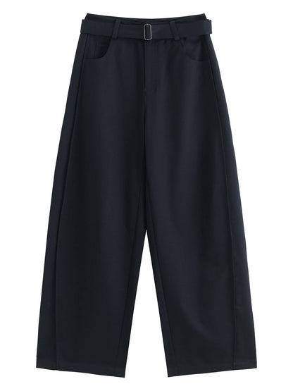 Damen Weite Hose mit Gürtel Hoher Bund Elegante Stoffhose Marineblau